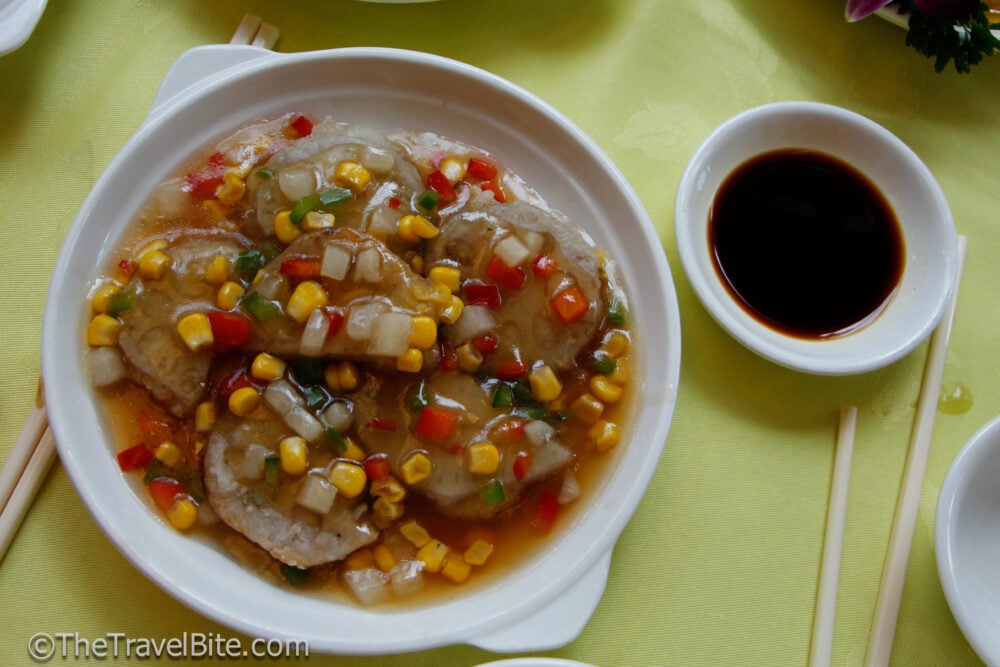 Lotus dish with corn and onions at the Po Lin Monastery for Chinese New Year in Hong Kong