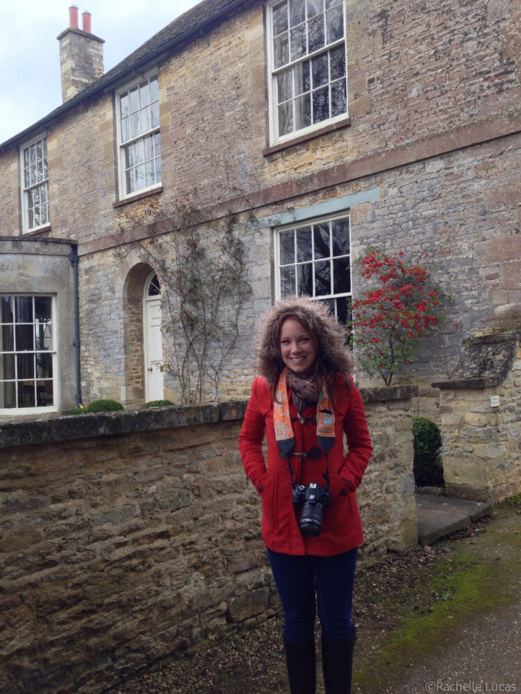 Rachelle in front of the house that was used as the location for Mrs. Crawley's house in Downton Abbey