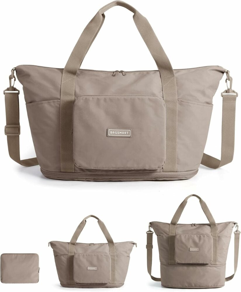 Beige fold up travel tote showing three different sizes of folded, medium, and fully extended