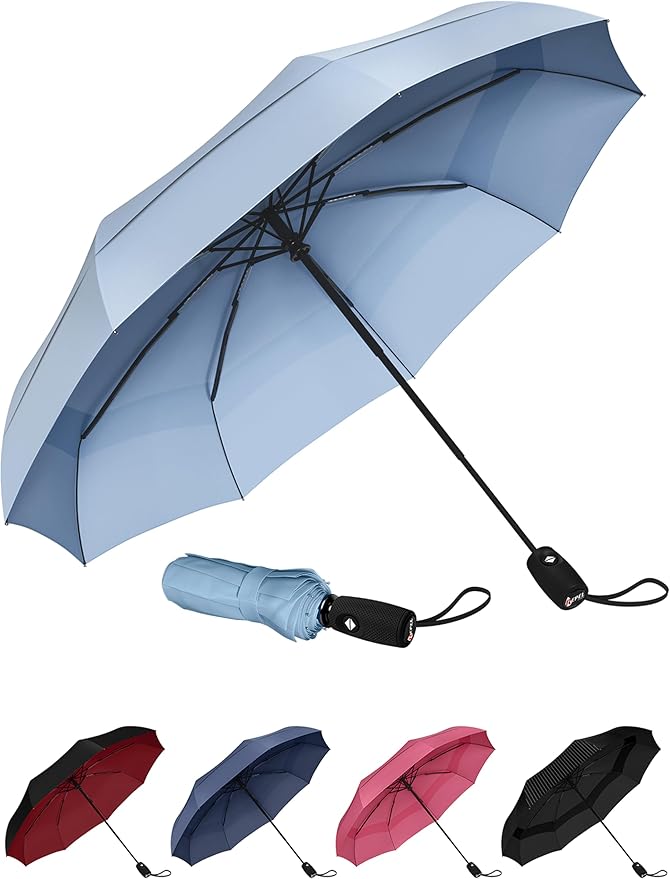 packable umbrella showing in multiple colors including light blue, red, grey, pink, and black