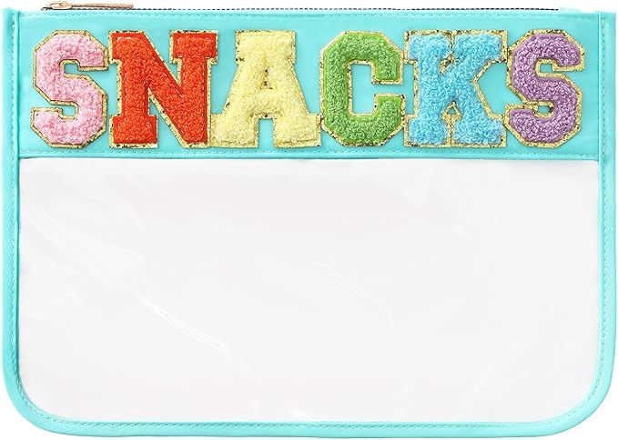 turquoise snack bag with the word SNACKS as a colorful patch at the top