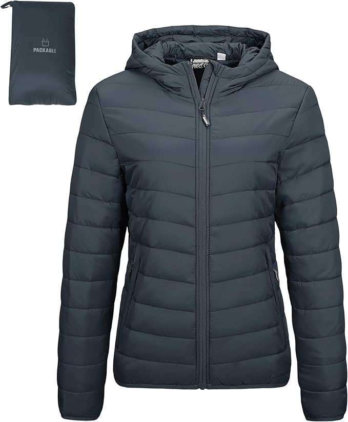 black down jacket with packable bag on the upper left corner showing that it is great for packing for travel