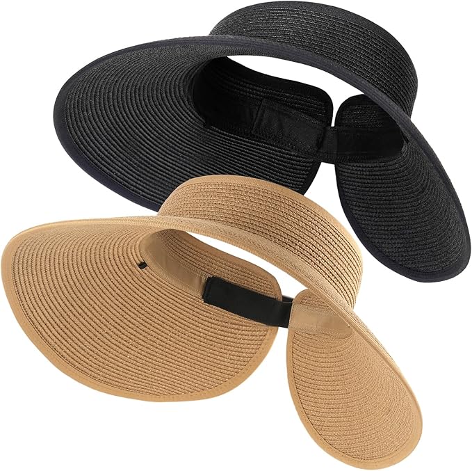 two sun hat visors, one black and one tan