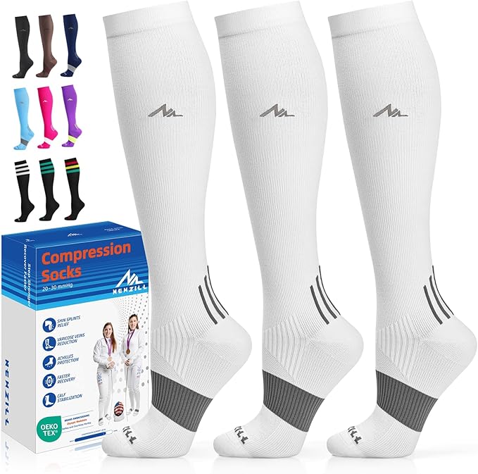 three grey and white compression socks, with other available colors shown on the left including black with green strips, and a blue pink and purple combo.