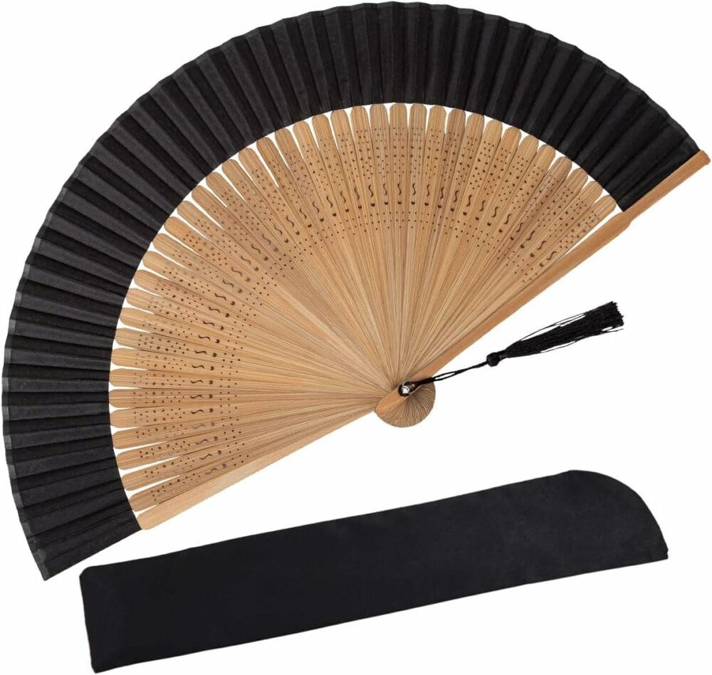 bamboo hand fan with black cloth trim and carrying case