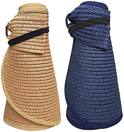 two sun hat visors rolled up, one tan and one navy blue