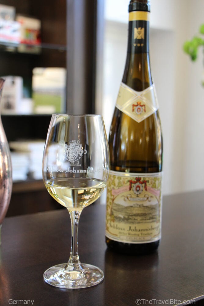 Schloss Johannisberg Botte of Riesling and wine glass with white wine