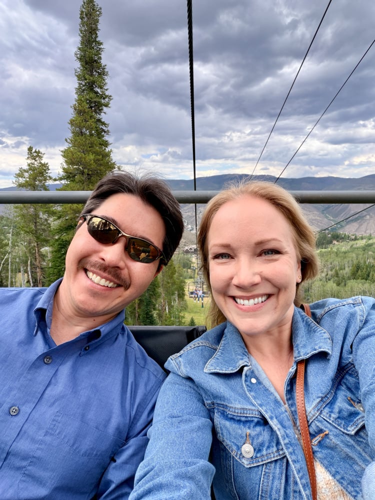 Pete and Rachelle on the Bachelor Gulch Express chairlift