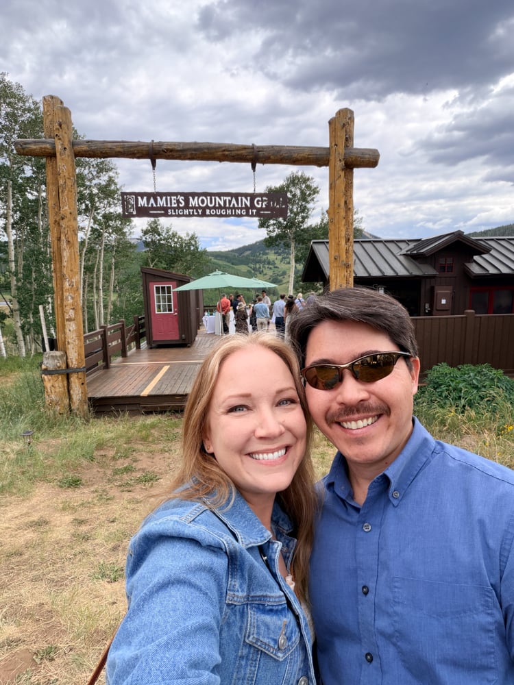 Rachelle and Pete at the entrance of Mamie's Mountain Grill