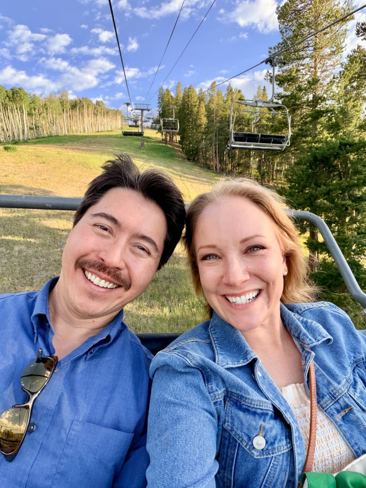 Pete and Rachelle riding the gondola on the way down at sunset