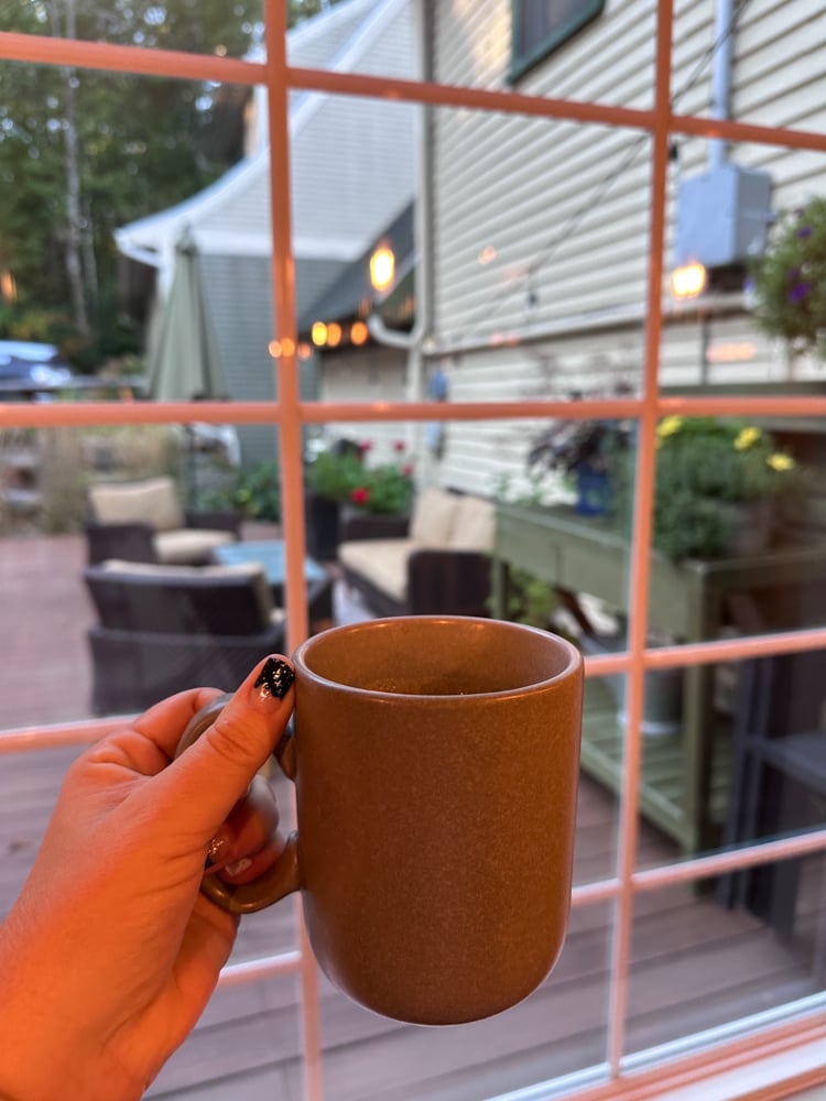 First cup of coffee in the morning at Squam Lake Inn.