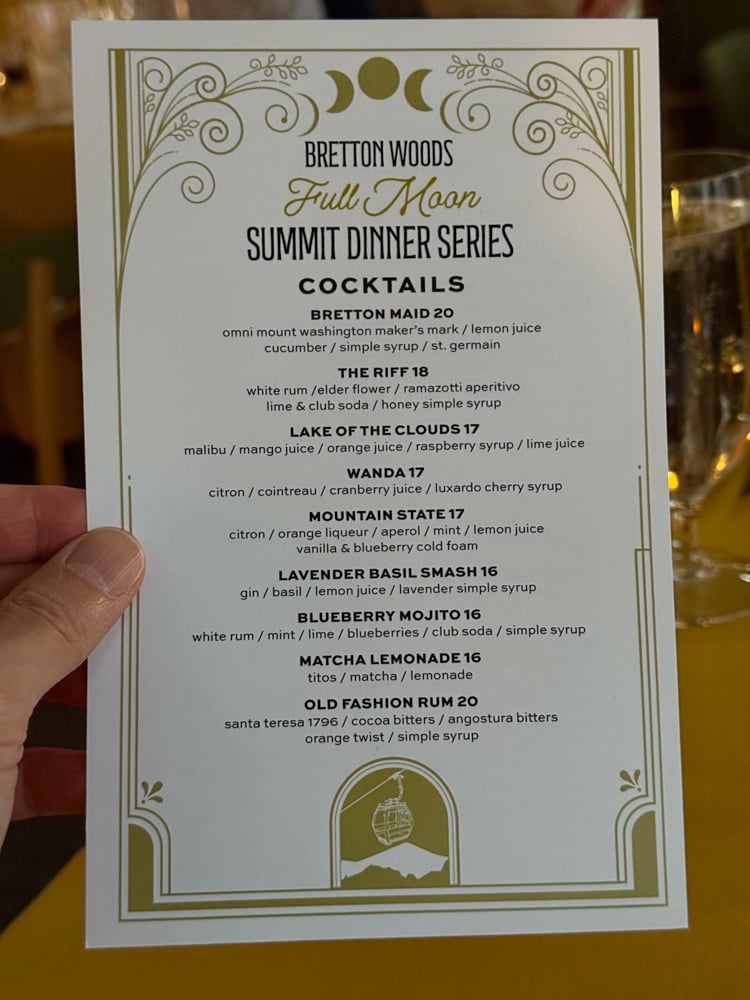 Bretton Woods full moon dinner summit cocktail menu