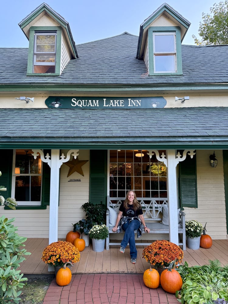 front porch of Squam Lake Inn that's a great stop on a New Hampshire Fall Road Trip