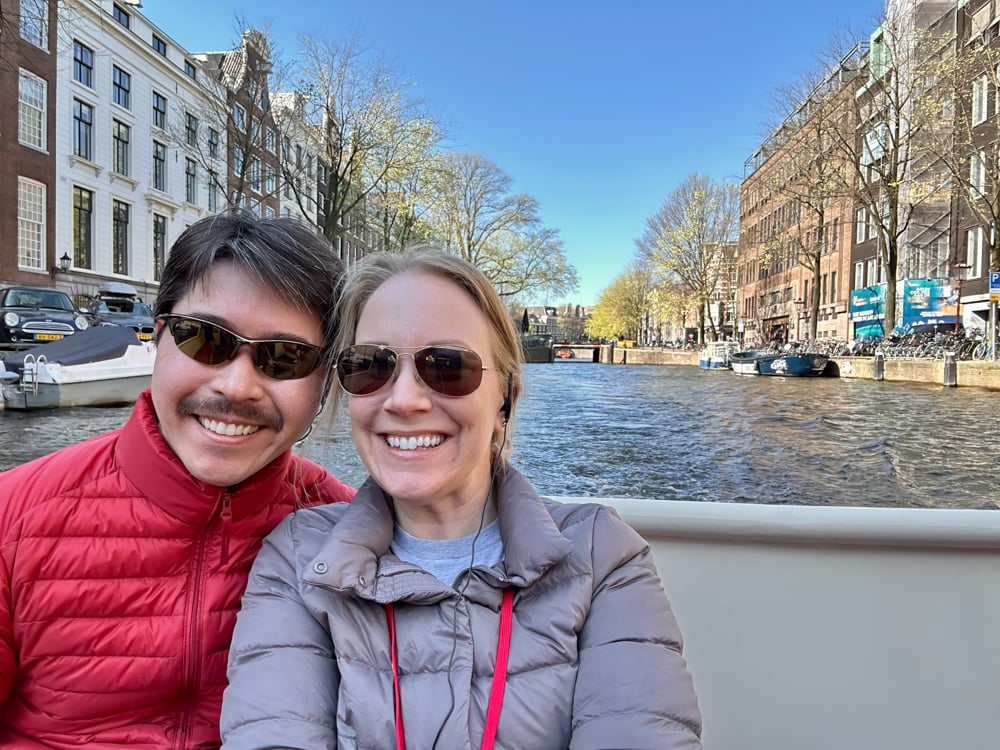Pete and Rachelle on canal cruise in Amsterdam