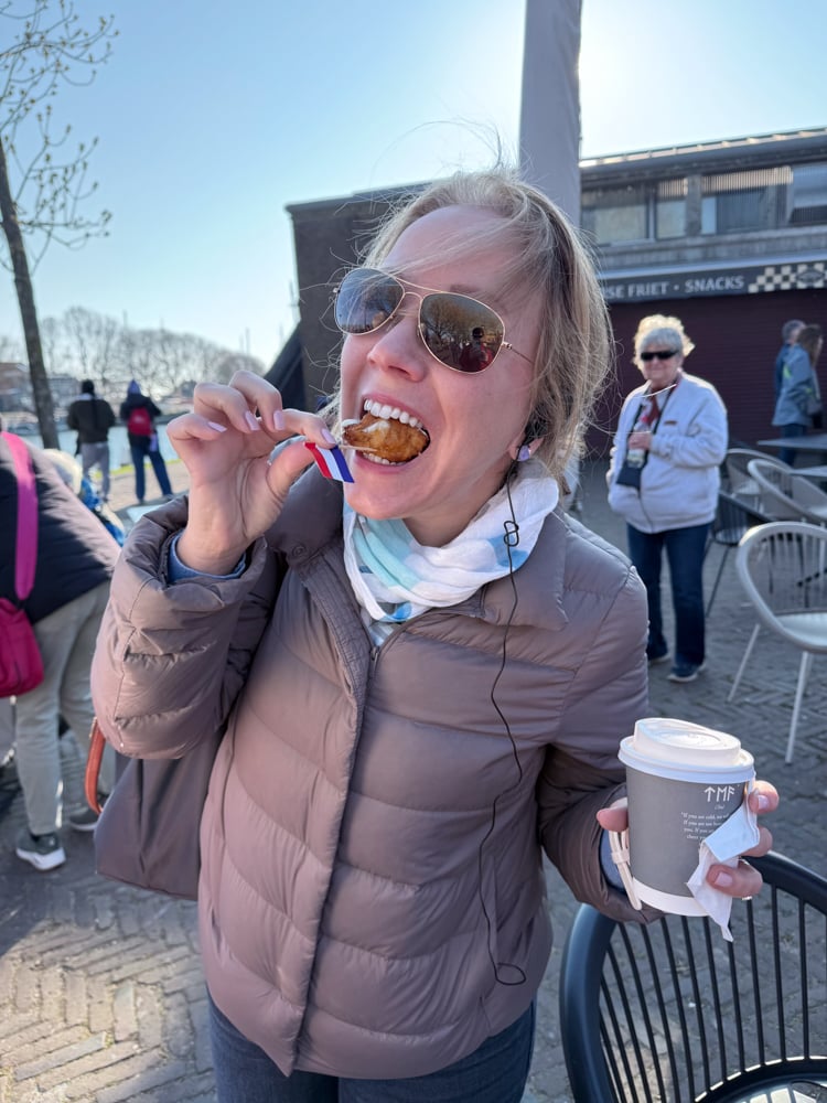 Rachelle tasting fried pollock in Enkhuiszen