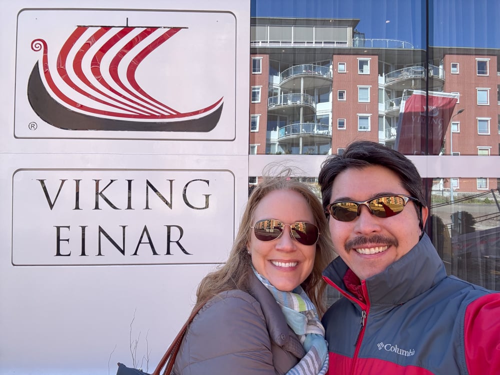 Rachelle and Pete getting on board their Viking Tulips and Windmills cruise