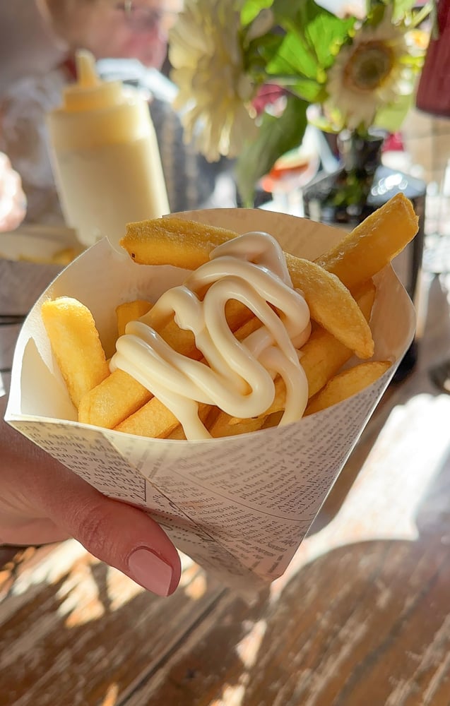 Belgian fries with mayonnaise on an Antwerp food tour