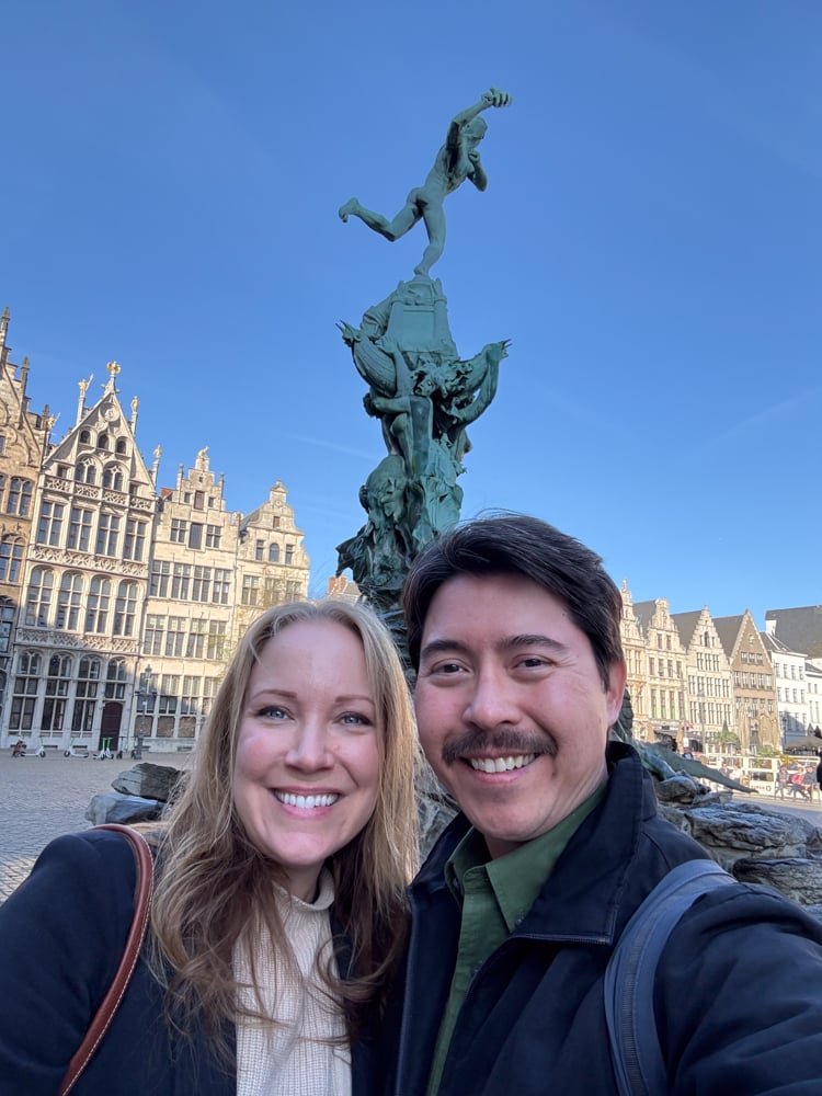 Rachelle and Pete in front of fountain in Antwerp